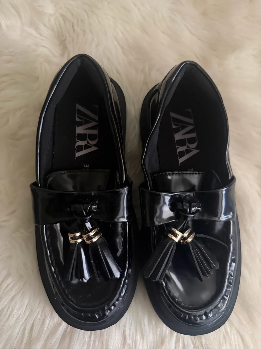 Zara Black Patent Tassel Loafers with Gold Accents